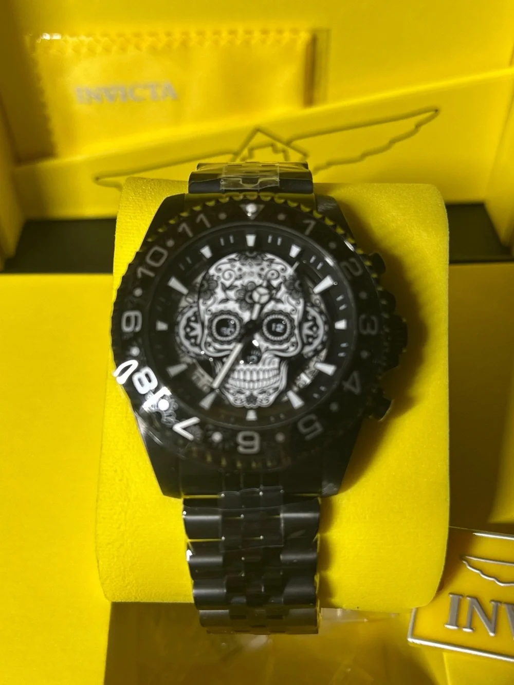 Invicta Men’s Black Stainless Steel Skull Dial Watch